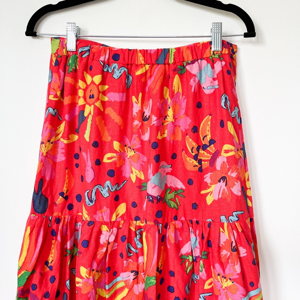 Maison d'Amelie Paris Linen Blend Tropical Tiered Midi Skirt Small Red Multi - Picture 7 of 13